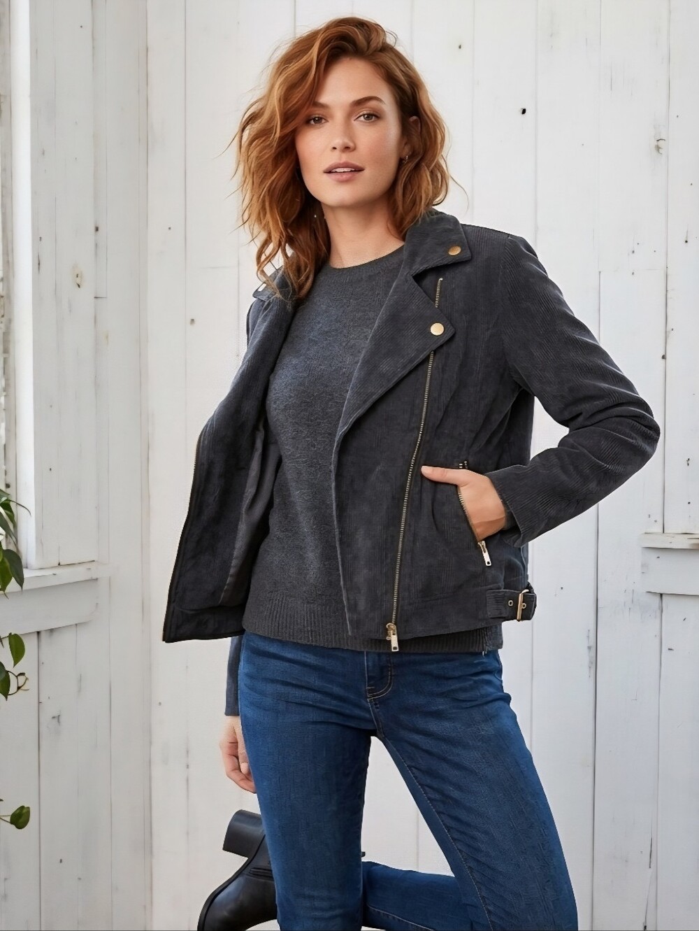 Iris Double-Breasted Corduroy Moto Jacket
